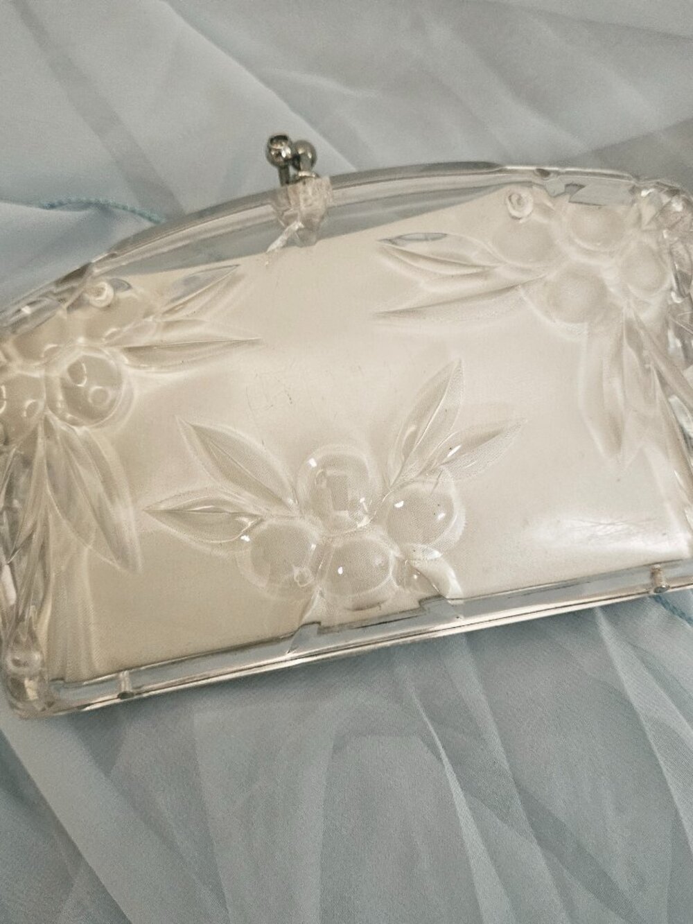 Vintage 50's Clear Lucite Floral Carved Rhinestone Accent Clutch Purse